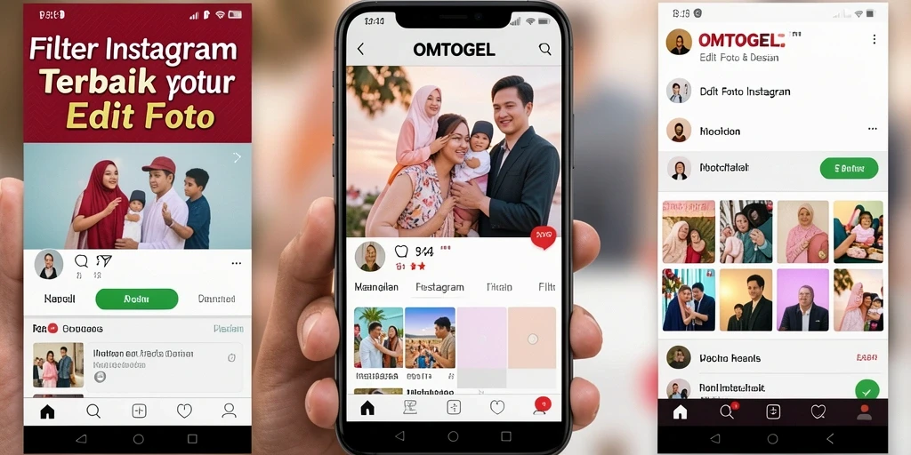 Tampilan antarmuka aplikasi OMTOGEL dengan berbagai pilihan filter Instagram.